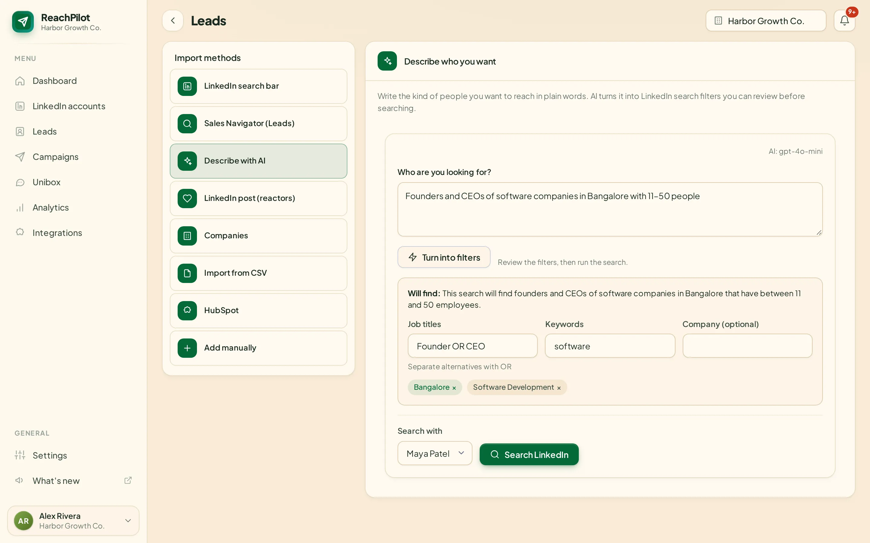 Describe who you want: a plain sentence turned into job title, location and industry filters