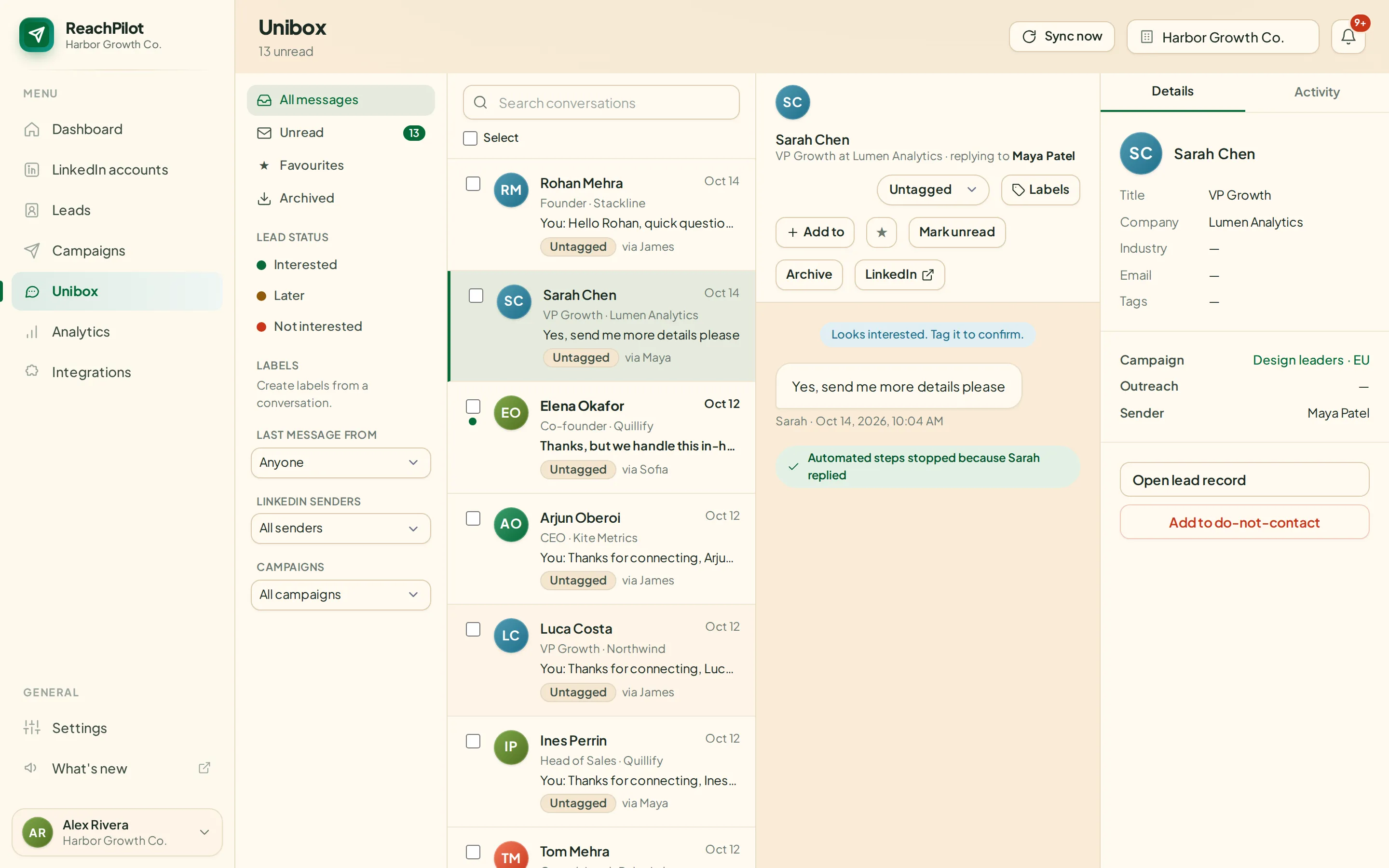 Unibox showing a reply from a lead, with the conversation and lead details side by side