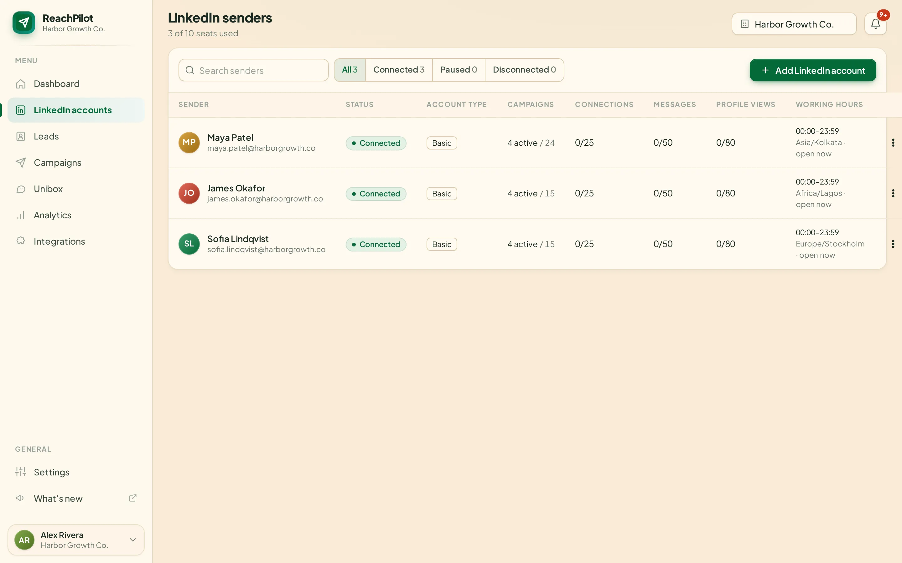 LinkedIn accounts page with three connected senders, their daily usage and working hours