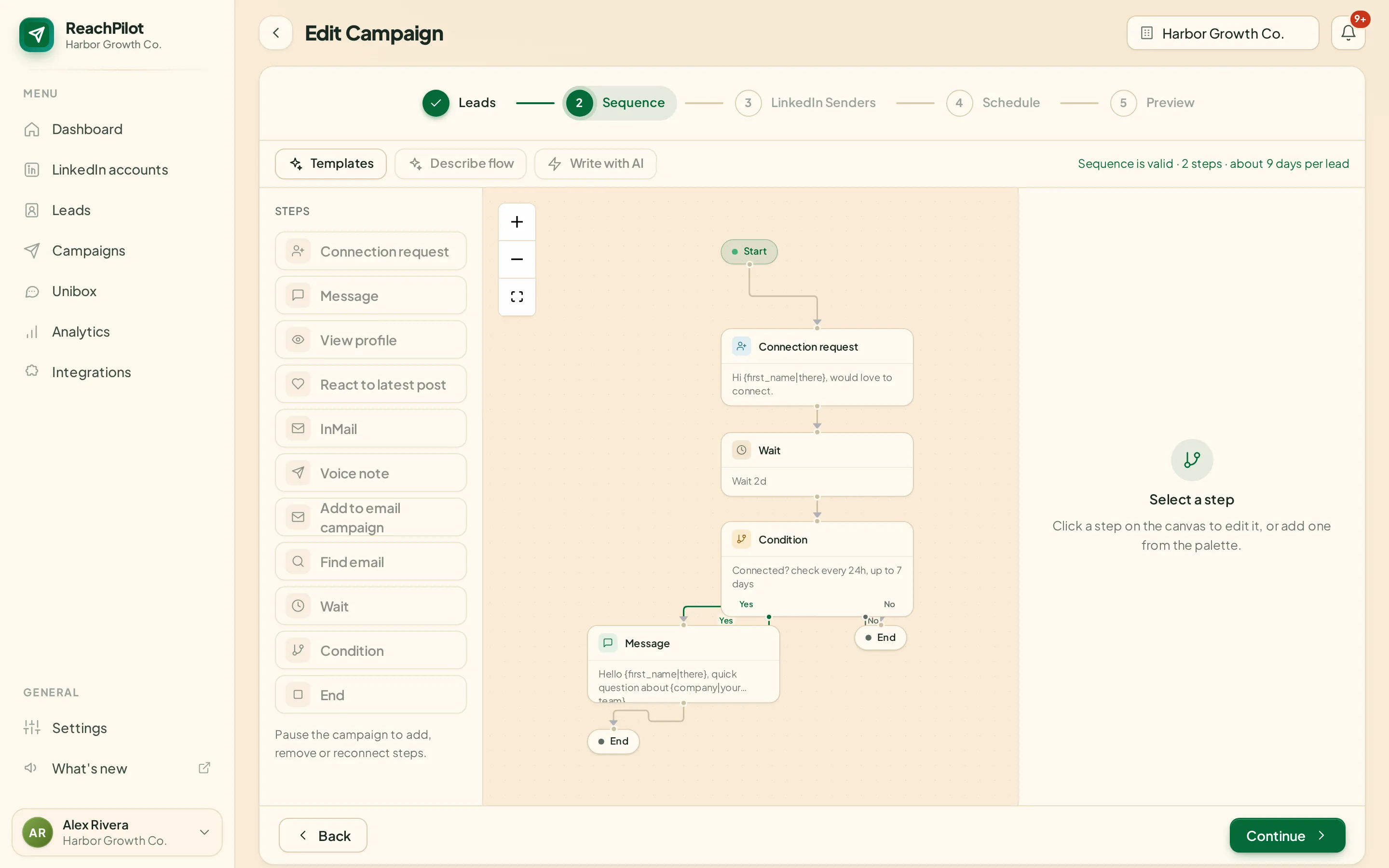 The sequence builder with a connection request, a wait, a condition and a message